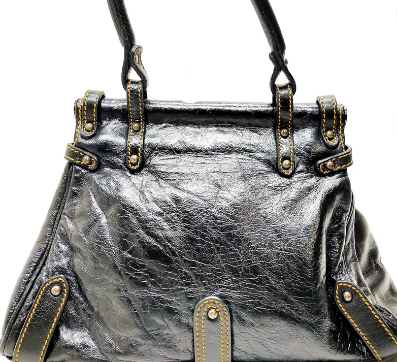 Fendi Italy. Black Distressed Leather Fendi Logo Shoulder Bag / Hand Bag