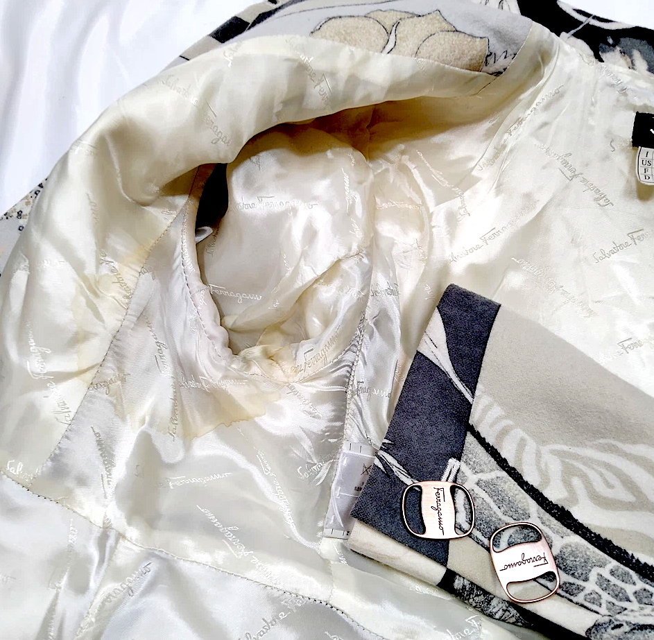 Ferragamo Italy. Multi Color Abstract Wool, Nylon Coat