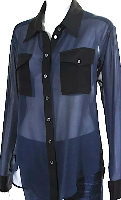 Elizabeth & James. (The Row) Navy, Black Semi-Sheer Button Front Collared Shirt