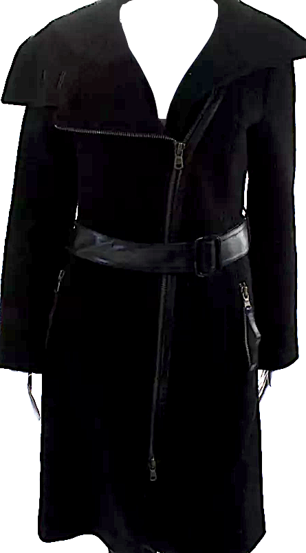 Mackage Montreal. Black Wool Ribbed Zipped Collared Belted Duster Cardigan Coat