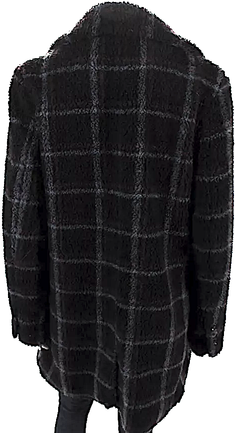 PAIGE NY. Black Woven Faux Fur Plaid Collared Double Breasted Trench Coat