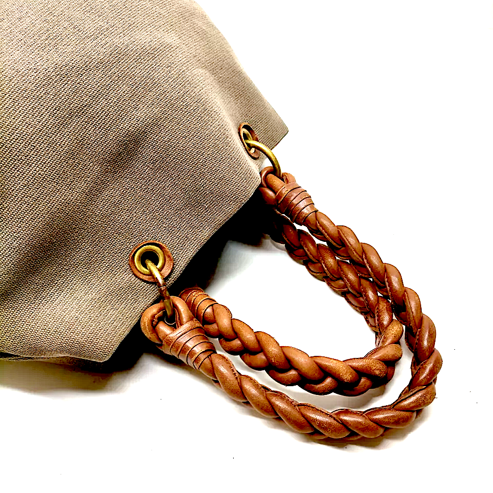 Bottega Veneta Italy. Brown Leather Braided Hand-Rolled Double Handled Brown Canvas Shoulder Bag / Hand Bag