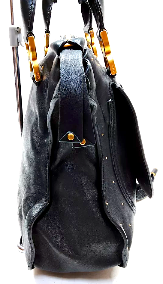 Chloe Paris. Black Leather Special Ltd Edition Gold Tiny Studded Large "Marcie" Shoulderbag / Handbag