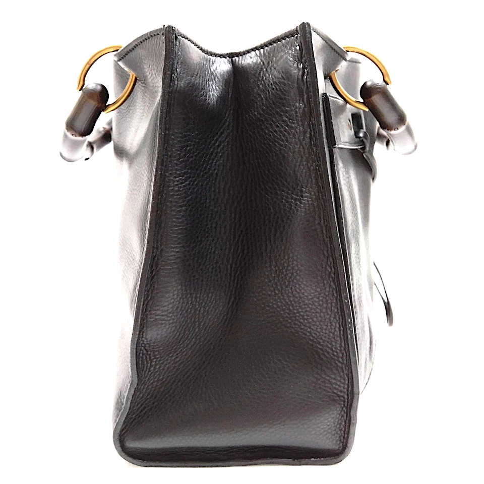 Gucci Italy. Black Leather Bamboo Handle Shoulder Bag / Tote Bag