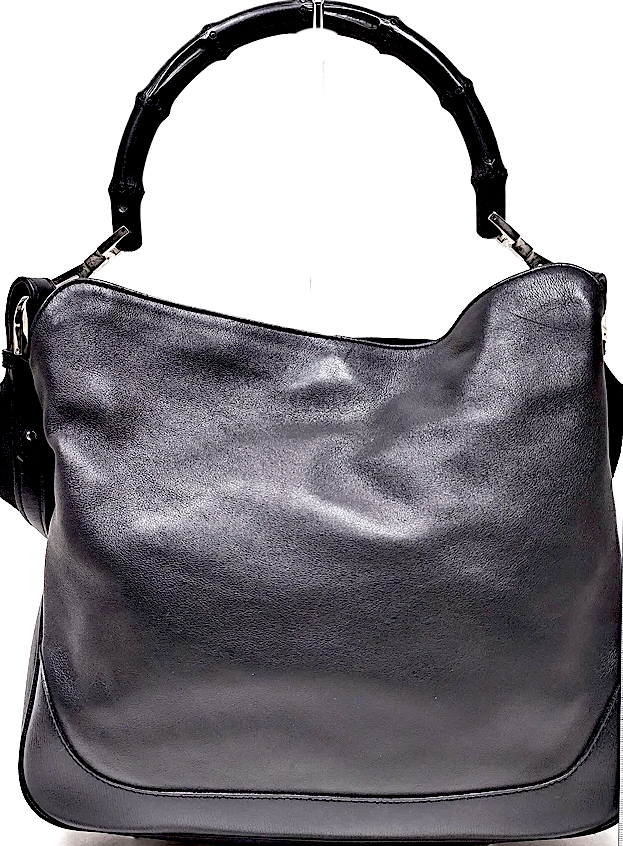 Gucci Italy. Black Leather, Black Bamboo Handle Shoulder Bag / Crossbody Strap