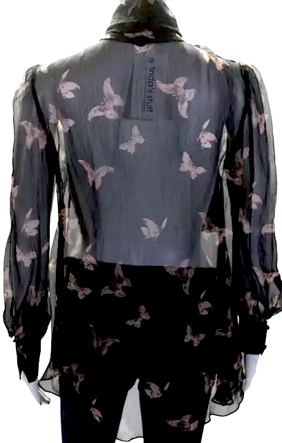 Alexander McQueen UK. Black Butterfly Print Tie Front Sheer Blouse