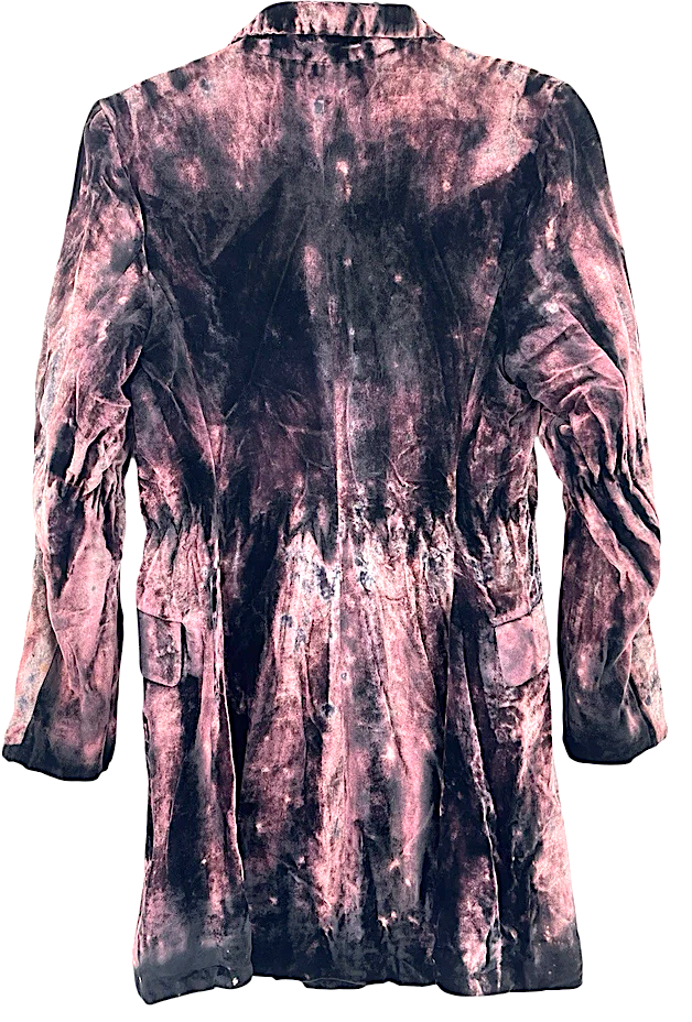 YOSHIKI HISHINUMA JAPAN. Eggplant Abstract Print Crushed Velvet Button Front Coat