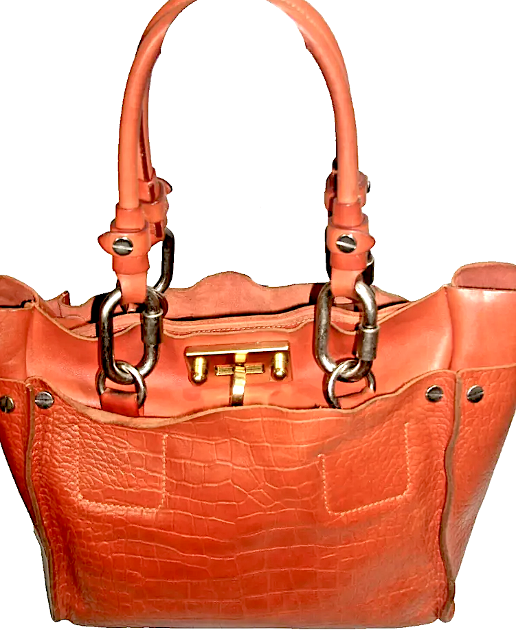 CHLOE PARIS. "Cyndi" Burnt Orange Soft Leather Croc Embossed Suede Interior Shoulderbag by Phoebe Philo