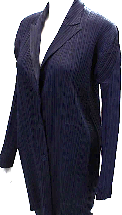 Issey Miyake Japan. Pleats Please. Navy Textured Long Sleeve Button Blouse