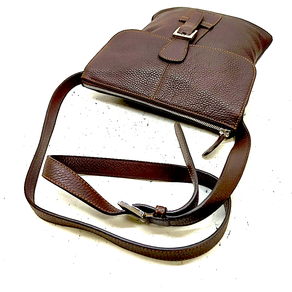 LOEWE MADRID. Brown Pebbled Leather Buckle Long Strap Shoulder Bag