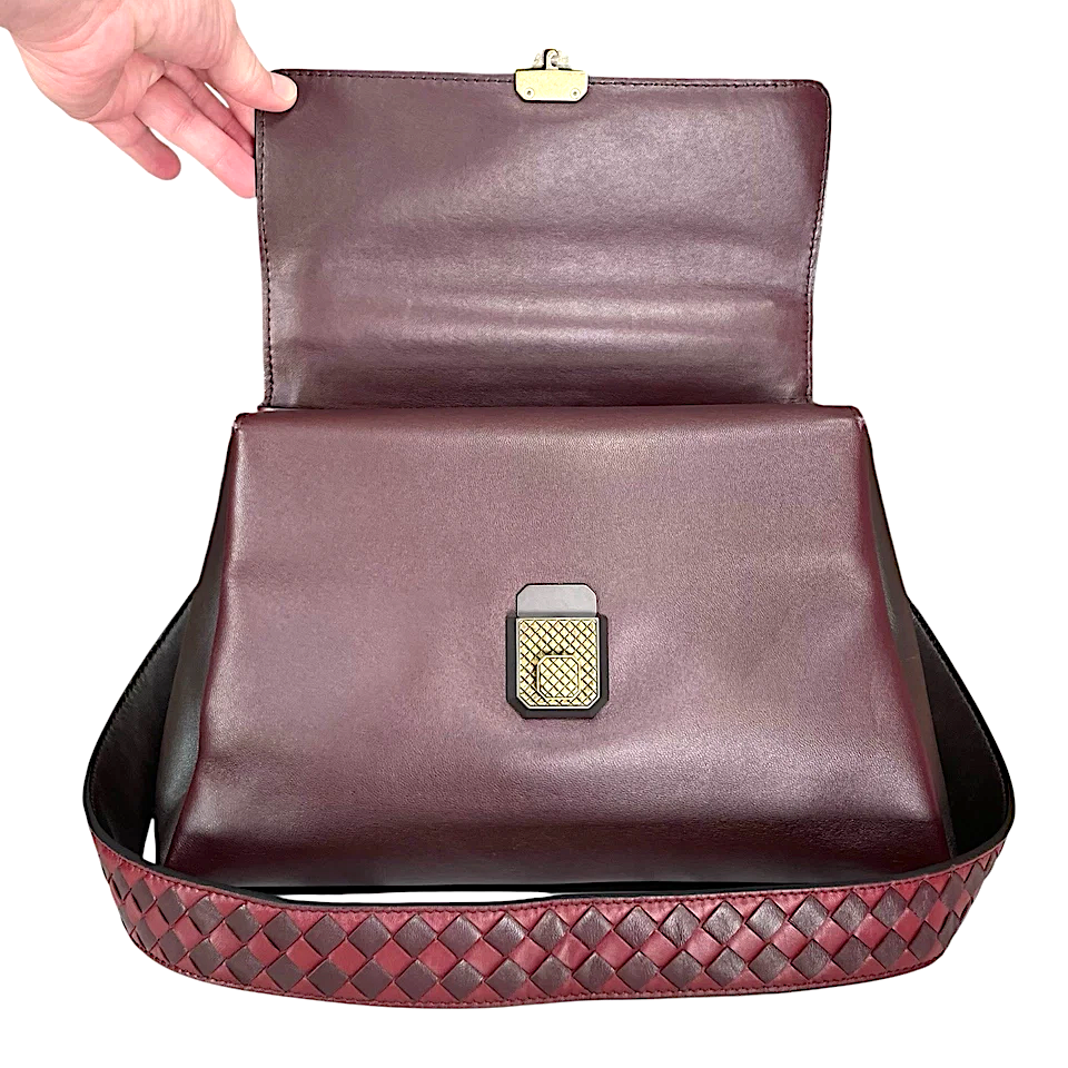 Bottega Veneta Italy. Piazza Tri-Color Leather Top Handle Woven Strap Crossbody Shoulder Bag