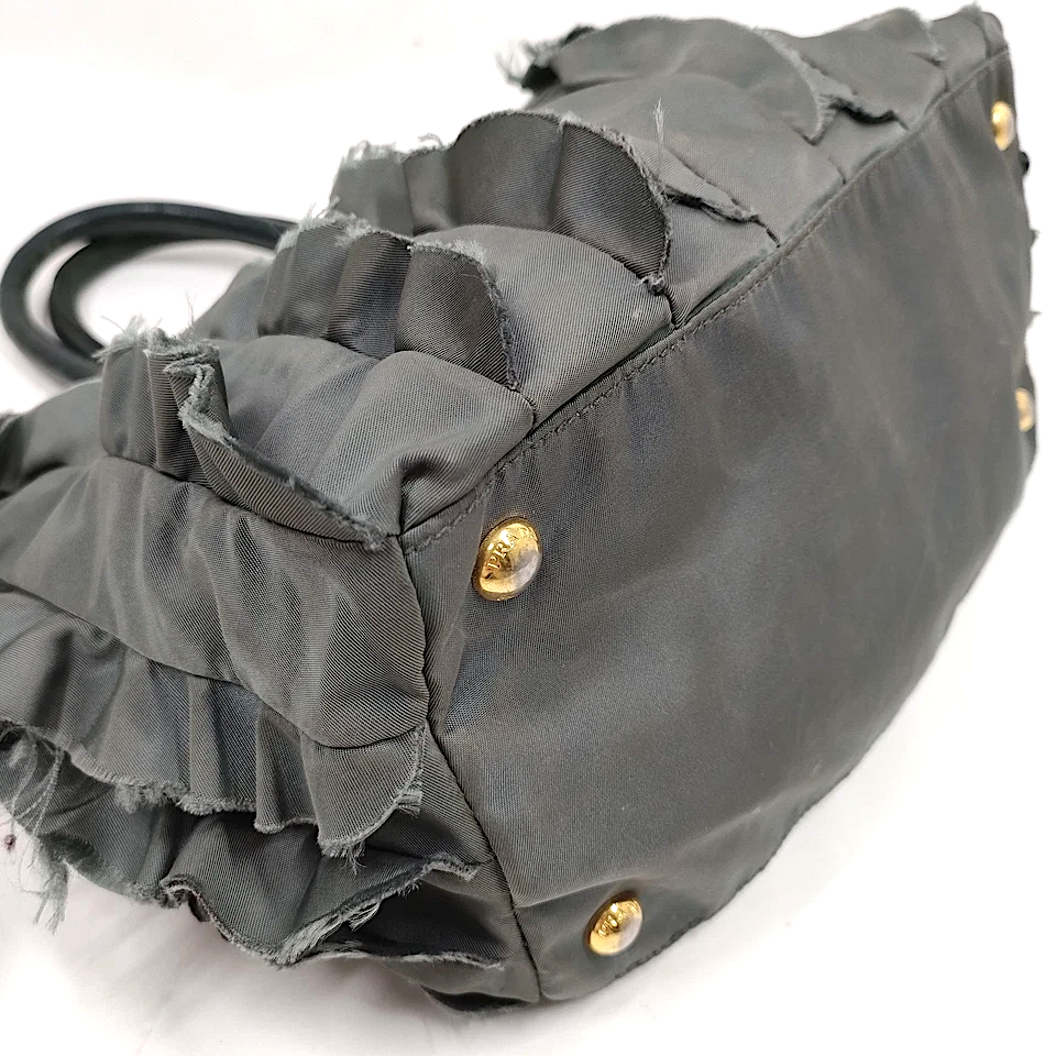 Prada Italy. Grey Tessuto Nylon Ruffle Shoulder Bag