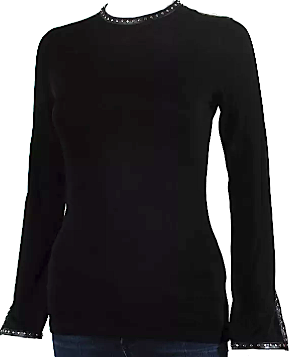 Helmut Lang NY. Back Zip Black Studded Accents Faux Leather Trim Viscose Knit Top