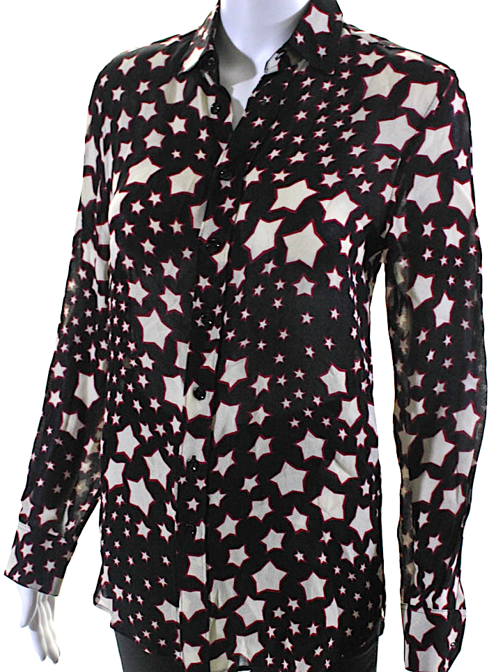 Saint Laurent Paris. Black Red Stars Print Rayon Button Down Blouse