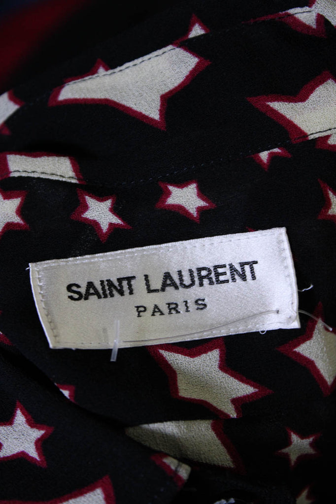 Saint Laurent Paris. Black Red Stars Print Rayon Button Down Blouse