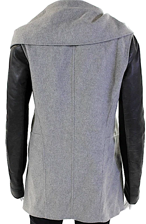 Mackage Gray Wool Black Leather Trim Sleeves,  Collared Jacket