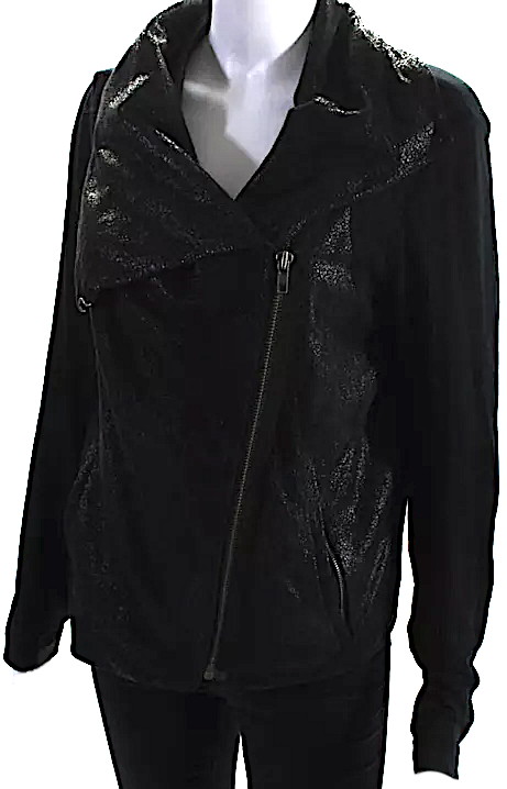 Helmut Lang NY. Black Leather Metallic Asymmetrical Zip Jacket