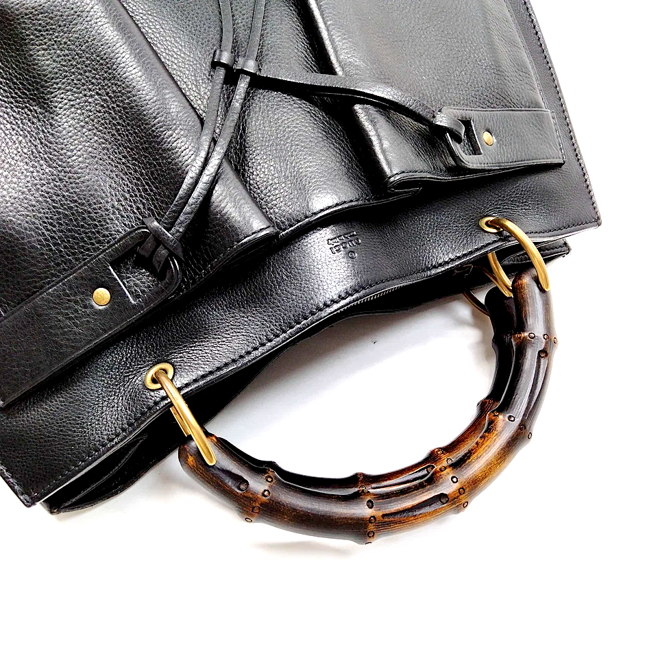 Gucci Italy. Black Leather Bamboo Handle Shoulder Bag / Tote Bag