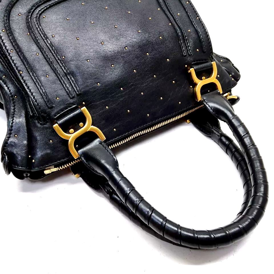 Chloe Paris. Black Leather Special Ltd Edition Gold Tiny Studded Large "Marcie" Shoulderbag / Handbag