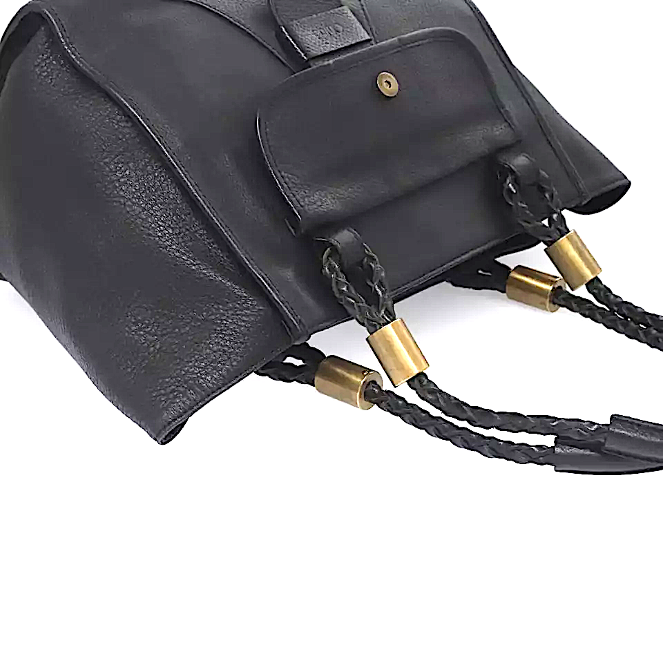 Chloe Paris. Black Leather Shoulder Bag w/Braided Leather Handles