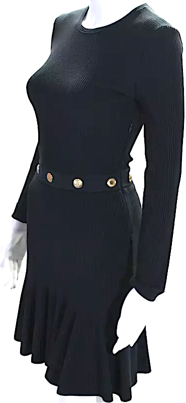 Alexander McQueen UK. Navy Ribbed Round Neck Button Long Sleeve Dress