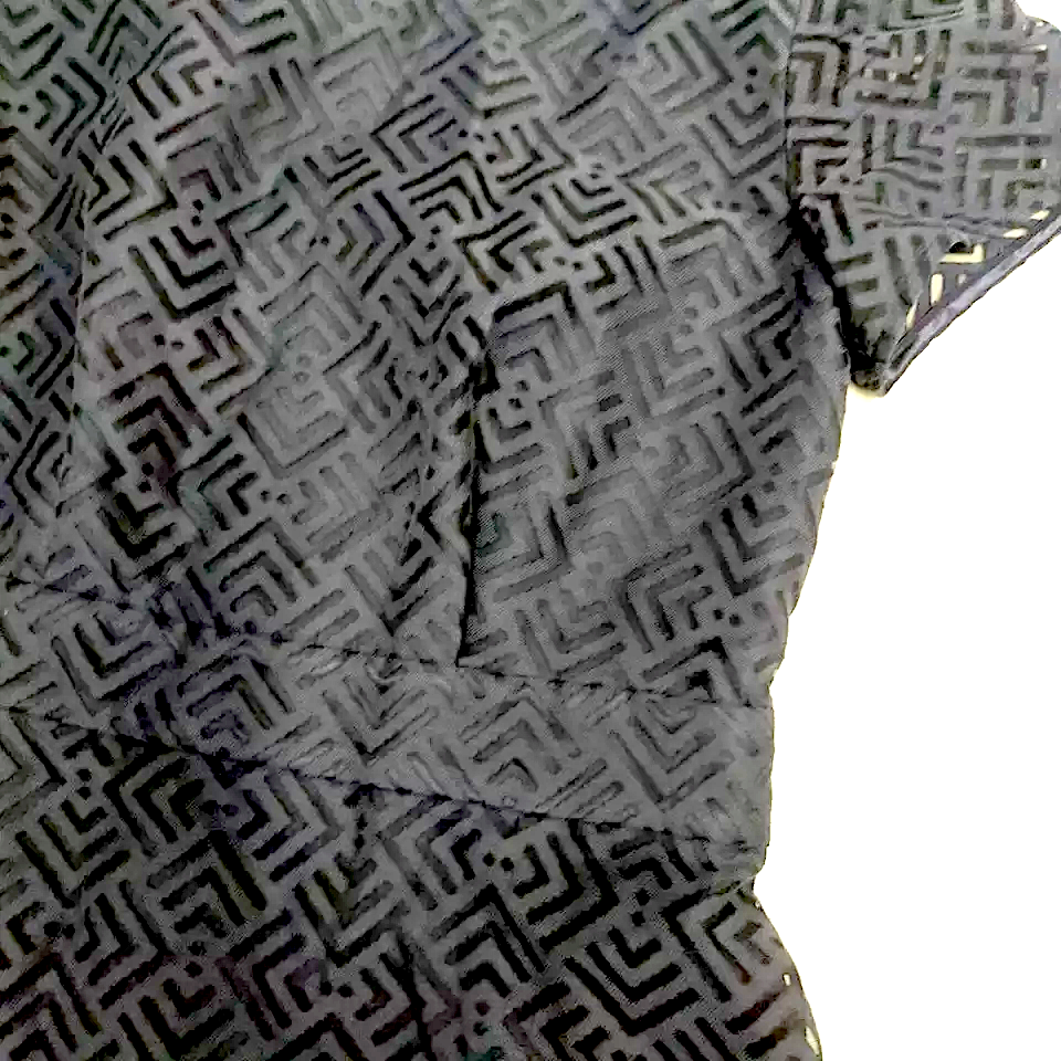 Courreges Paris. Vintage Black Geometric Design Flare Dress, Lined Under the Sheer Geometric Pattern