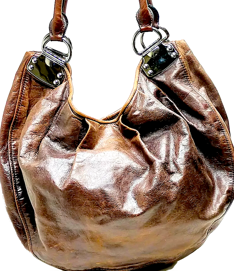 Miu Miu Italy. Dark Brown Large Distressed Leather Hobo Style Shoulderbag