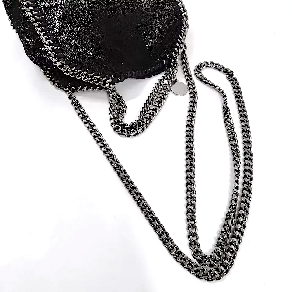 Stella McCartney UK. Black Super Mini "Falabella" Special Coated Vegan Leather Silver Chains Shoulder Bag