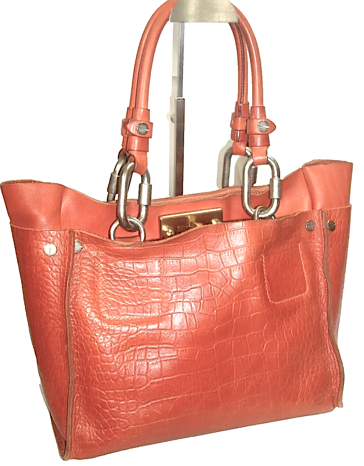 CHLOE PARIS. "Cyndi" Burnt Orange Soft Leather Croc Embossed Suede Interior Shoulderbag by Phoebe Philo