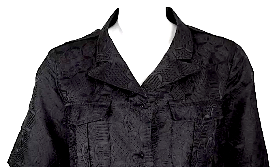 DRIES VAN NOTEN Belgium. Black Silk Jacquard Snap-Front Short Sleeve Jacket