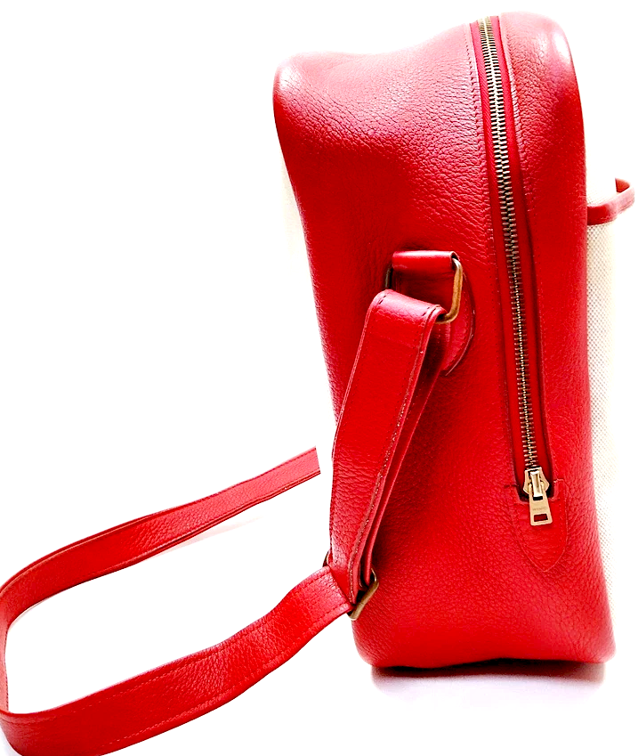 Hermes Paris. NWOT. Beige Canvas w/ Red Leather Trim & Sides Shoulder Bag