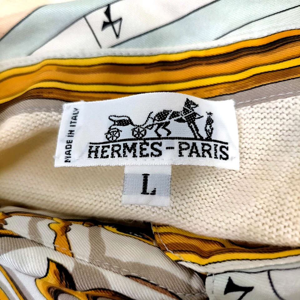Hermes Paris. Silk/Cotton/Cashmere Scarf Print Half Button Top