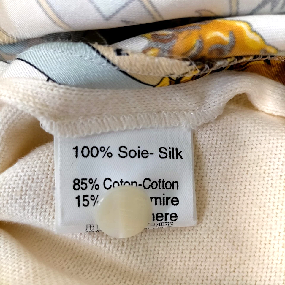 Hermes Paris. Silk/Cotton/Cashmere Scarf Print Half Button Top