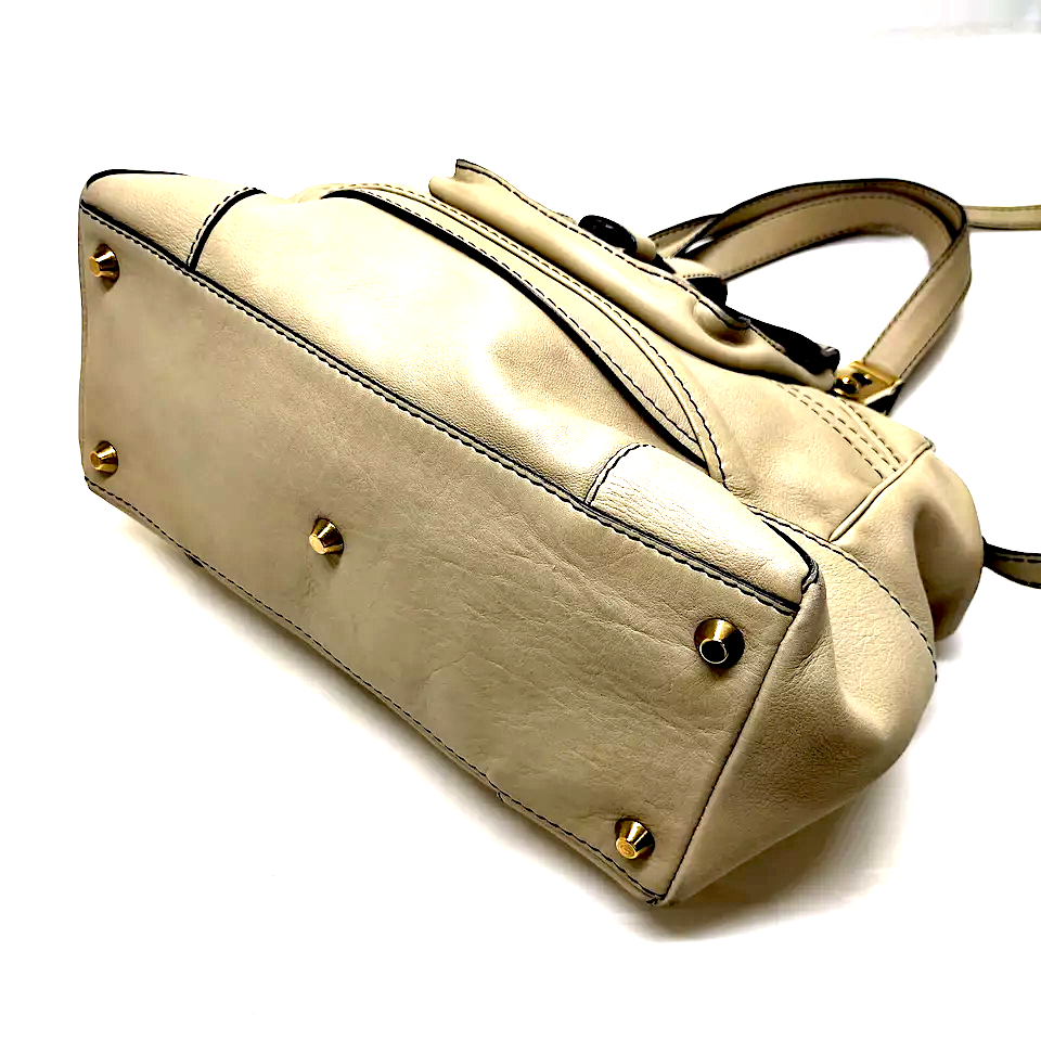 Chloe Paris. Beige Leather, Outside Pocket Shoulder Bag, Long Strap Crossbody Bag