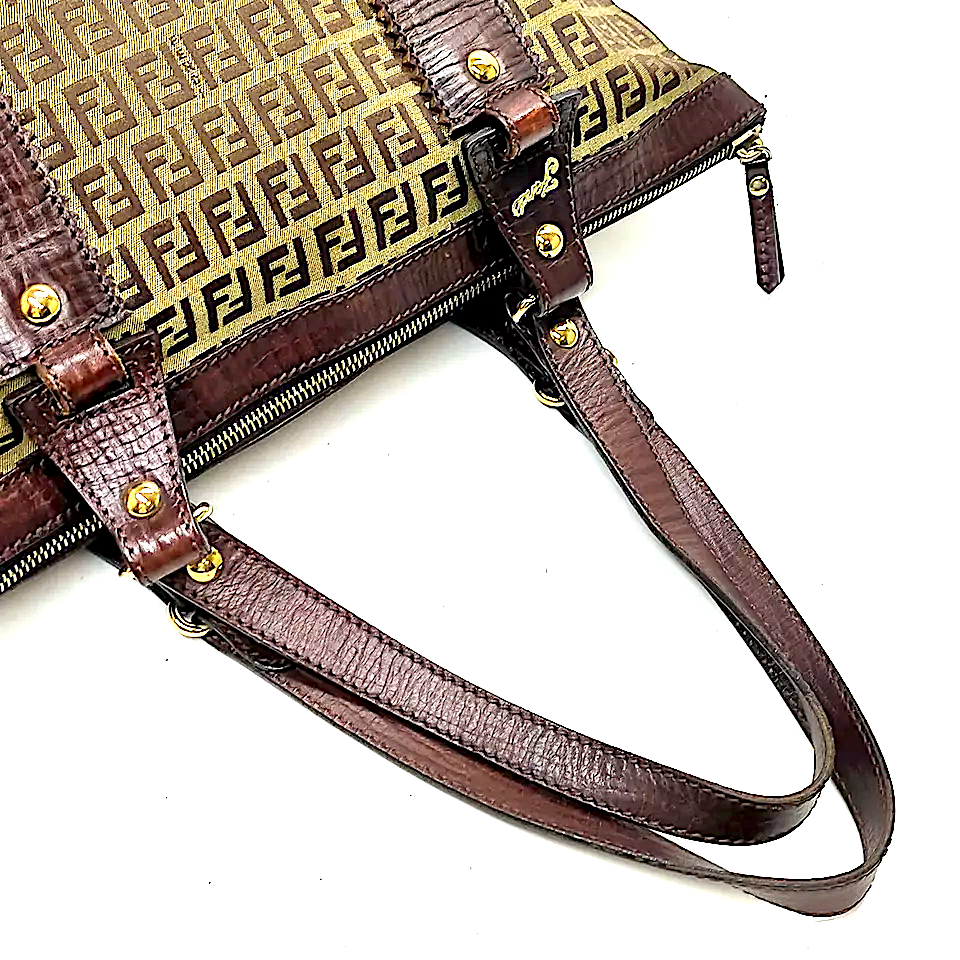 Fendi Italy. Brown Leather/Canvas Logo Shoulder Bag / Hand Bag