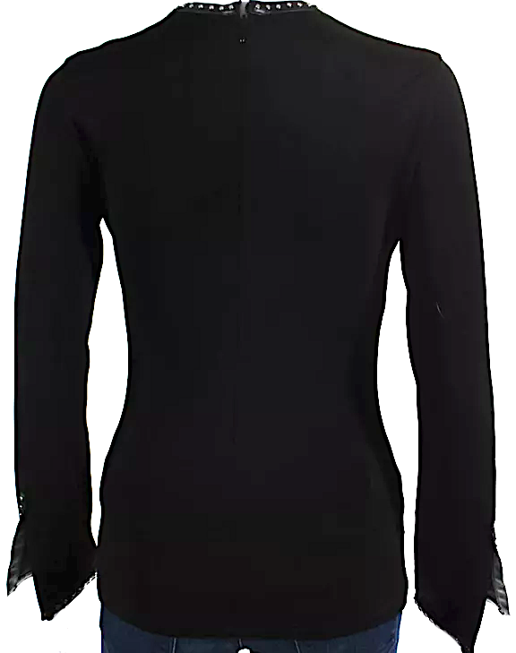 Helmut Lang NY. Back Zip Black Studded Accents Faux Leather Trim Viscose Knit Top