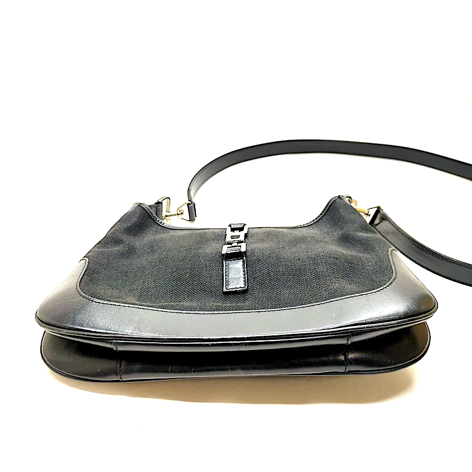 Gucci Italy. Black Leather/Canvas "Jackie" Long Strap Shoulder Bag
