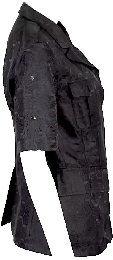 DRIES VAN NOTEN Belgium. Black Silk Jacquard Snap-Front Short Sleeve Jacket