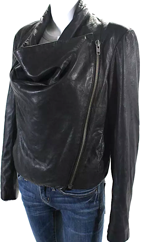 Helmut Lang NY. Black Leather Asymmetric Zip Cropped Biker Jacket