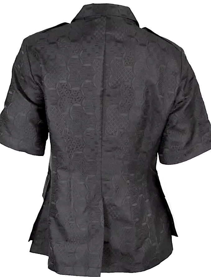 DRIES VAN NOTEN Belgium. Black Silk Jacquard Snap-Front Short Sleeve Jacket