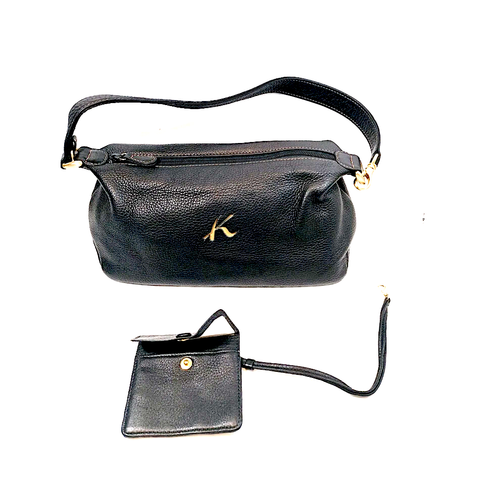 Kitamura Yokohama JAPAN. Black Pebbled Leather Shoulder Bag with Pouch Gold Logo K