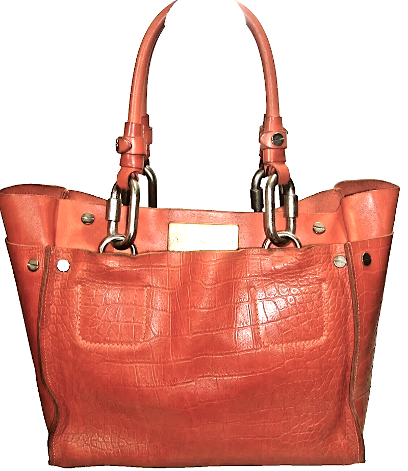 CHLOE PARIS. "Cyndi" Burnt Orange Soft Leather Croc Embossed Suede Interior Shoulderbag by Phoebe Philo