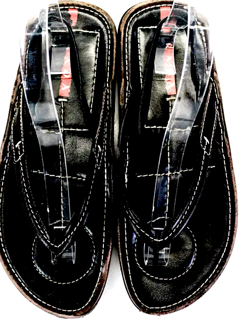 Prada Italy. Black Leather Flat Heel Open Toe Thong Slingback Sandals