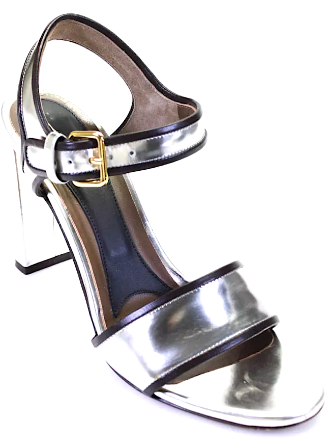 Marni Italy. Block Heel Ankle Strap Silver Leather Metallic Sandals Size 40
