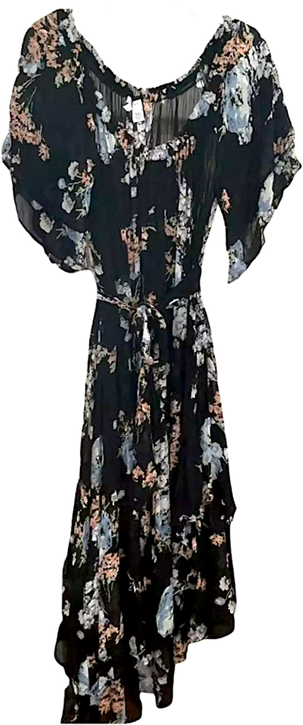 GHOST London. Tanya Sarne. Vintage Black Floral Off the Shoulder Asymmetrical Dress