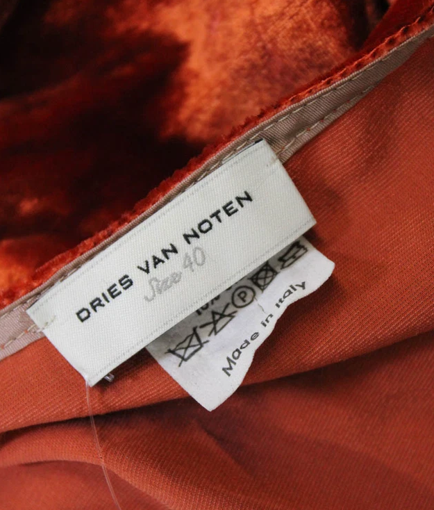 Dries Van Noten Belgium.  Front Zip Knee Length Orange Velvet A Line Skirt