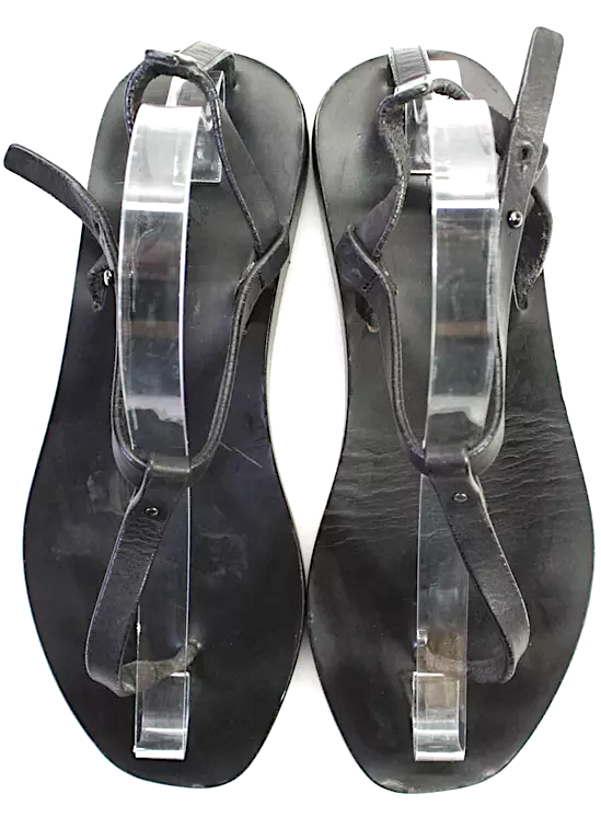 Rick Owens Paris. Black Flat Leather T Strap Thong Gladiator Sandals