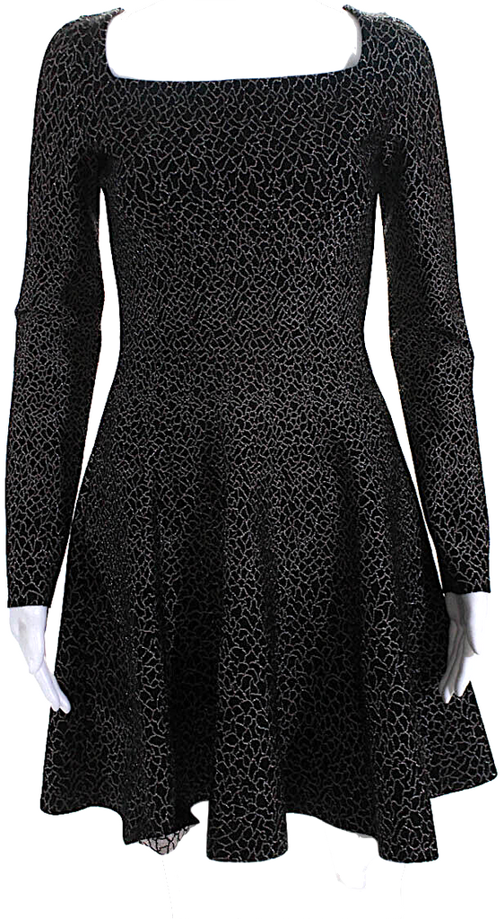 Azzedine Alaia Paris. Vintage Black Metallic Knit Square Neck Mini Flare Dress