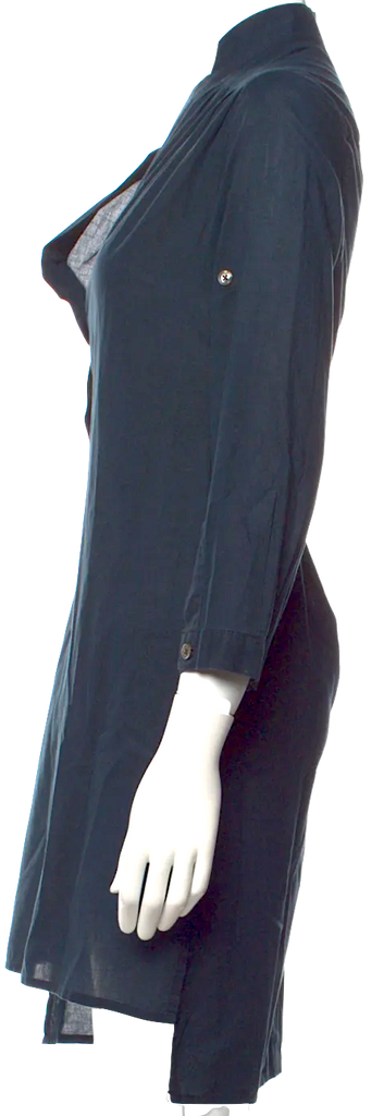 ANN DEMEULEMEESTER Belgium. Blue Pleated Accents V-Neck Shirt Dress