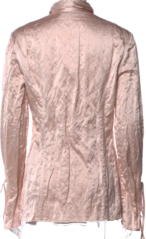 Blumarine Italy. Anna Molinari. Distressed PolyTech Long Sleeve Button-Up Top